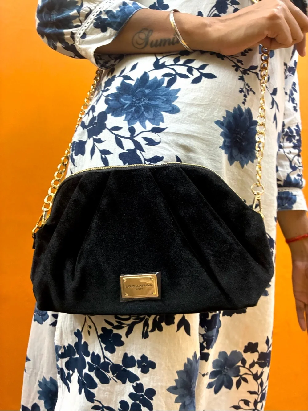 Dolce & Gabbana Black Velvet Shoulder Bag with Gold Chain